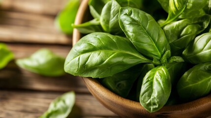 Poster - Freshly Picked Basil Leaves in a Rustic Wooden Bowl on a Table : Generative AI