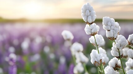 Fototapete - Beautiful cotton flowers blooming in a serene field with a bright sunset backdrop : Generative AI