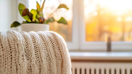 Aufkleber - Cozy Knitted Blanket Draped Over Chair By Sunlit Window With Indoor Plant : Generative AI