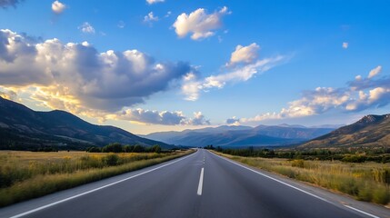 Aufkleber - Vast Open Road Leading Through Picturesque Mountainous Landscape with Dramatic Cloud Skies : Generative AI