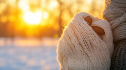 Aufkleber - Warm Embrace of Cozy Winter Gloves Under Sunset Glow in a Snowy Landscape : Generative AI