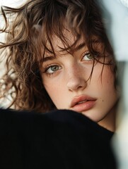 Aufkleber - Close up portrait of a young woman with natural curly hair and striking features captured in natural light : Generative AI