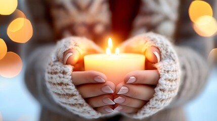 Poster - Cozy Hands Holding a Burning Candle with Warm Light in the Background and Soft Winter Sweater : Generative AI