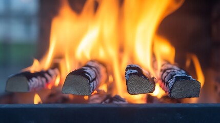 Fototapete - Captivating Flames and Logs Burning in Outdoor Fire Pit Under Clear Sky : Generative AI