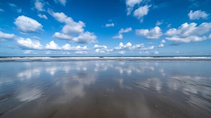 Aufkleber - Vast beautiful beach under a bright blue sky with fluffy clouds reflecting in the wet sand : Generative AI