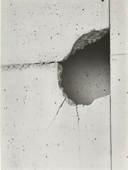 Poster - Closeup view of a damaged concrete wall featuring a large hole and cracks reflective of urban decay : Generative AI