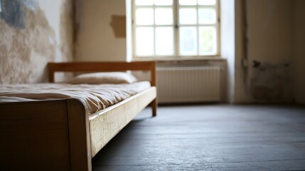 Aufkleber - Minimalist Interior of a Bedroom with an Empty Bed and Natural Light : Generative AI
