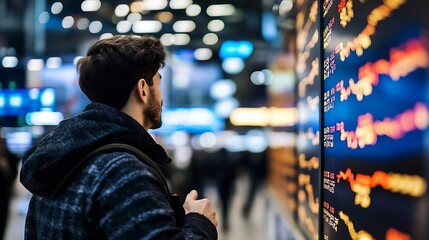 Poster - Man observing stock market data on a digital screen reflecting the modern economic environment : Generative AI