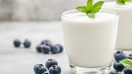 Aufkleber - Fresh cream dessert with mint and blueberries in stylish glass on light background : Generative AI