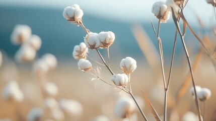 Fototapete - Delicate Cotton Plant Blooms in Natural Sunlight with Soft Focus Background : Generative AI