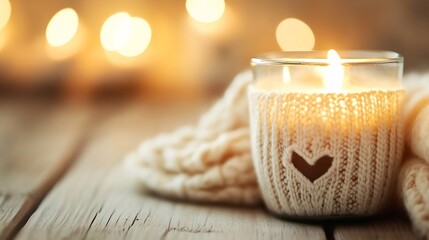 Poster - Decorative candle wrapped in cozy knit with heart design glowing softly to create ambiance : Generative AI