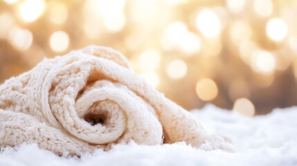 Poster - Cozy Cream Knitted Scarf Rolled Up on Soft White Snow with Blurred Background : Generative AI