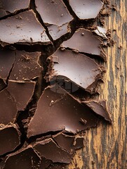 Aufkleber - Rich Dark Chocolate Pieces Cracked on Wooden Surface for Dessert Inspiration : Generative AI