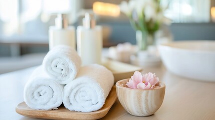 Aufkleber - Elegant Spa Essentials with Towels and Flowers for a Relaxing Ambience : Generative AI