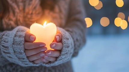 Leinwandbilder - Cozy Hands Holding a Heart Shaped Candle Illuminated Against a Softly Blurred Winter Background : Generative AI