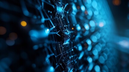 Fototapete - Futuristic close up view of interconnected circuits and glowing technology in a digital landscape : Generative AI