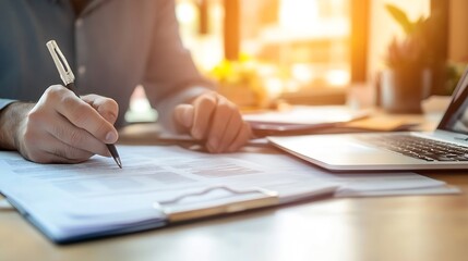 Fototapete - Businessman Writing Notes and Working on Laptop at Home Office : Generative AI