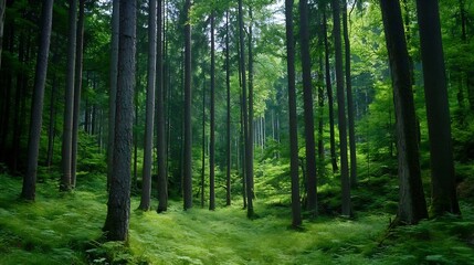 Fototapete - Lush Green Forest with Towering Trees Surrounded by Dense Foliage and Sunlight Filtering Through : Generative AI