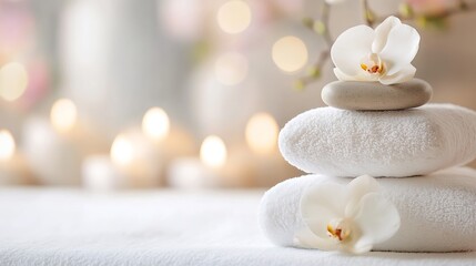 Aufkleber - Spa Setting with White Towels Stones and Orchids Surrounded by Soft Candlelight for a Relaxing Atmosphere : Generative AI