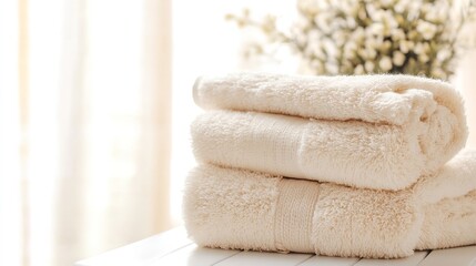 Aufkleber - Folded soft beige towels stacked neatly on a surface in bright indoor light setting : Generative AI