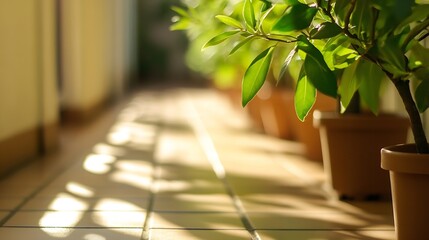 Poster - Serene indoor garden with vibrant green leaves casting soft shadows on tiled floor : Generative AI