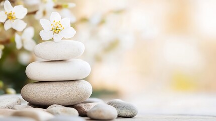 Fototapete - Zen Stone Stack with Flower on Naturally Decorated Surface : Generative AI