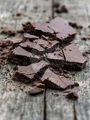 Aufkleber - Roughly broken dark chocolate pieces scattered on a rustic wooden surface showcasing rich texture and colors : Generative AI