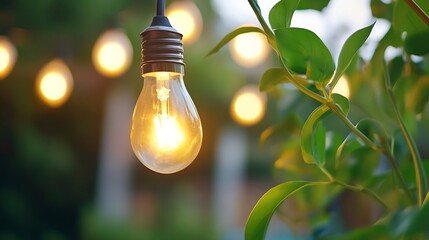 Aufkleber - Glowing Edison Bulb Hanging Among Green Plants with Soft Background Lights : Generative AI