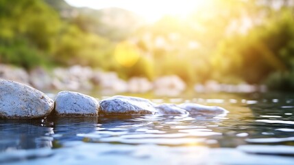 Fototapete - Serene close up view of smooth stones in clear water shimmering under golden sunlight : Generative AI