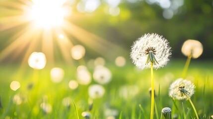 Aufkleber - Dandelion Seeds Glowing in Sunlight with Bright Green Grass Background : Generative AI