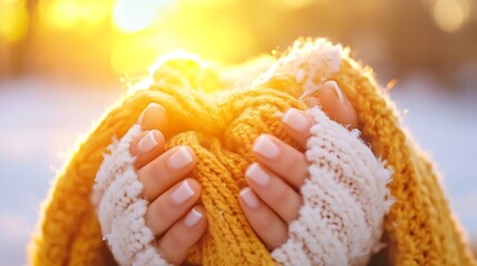Poster - Warm Cozy Hands Holding Yellow Knitted Sweater in Evening Light Outdoors : Generative AI