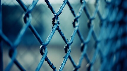 Fototapete - Close Up of Blue Chain Link Fence with Shiny Metal Links and Outdoor Background : Generative AI