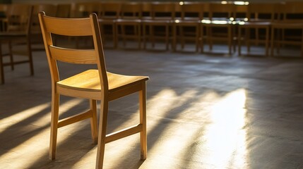 Poster - Empty wooden chair bathed in warm sunlight creating an inviting atmosphere in a peaceful indoor space : Generative AI