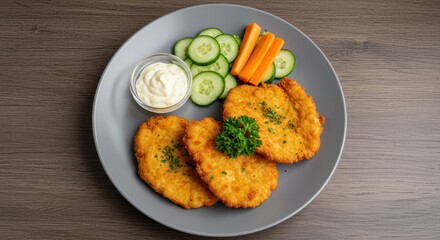 Wall Mural - delicious crispy potato pancakes with fresh veggies and dipping sauce