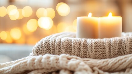 Leinwandbilder - Two burning candles set on a knitted throw with bokeh lights creating a tranquil atmosphere : Generative AI