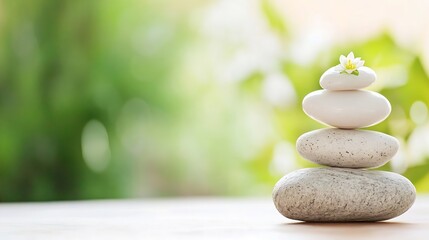 Fototapete - Balanced Pebble Stones with Flower on Soft Focus Green Background : Generative AI
