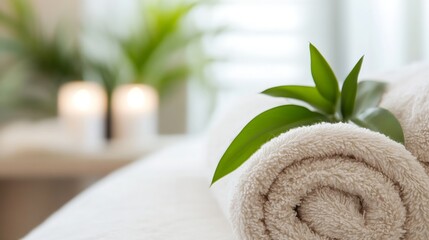 Poster - Soft Rolled Towels with Green Leaves on Spa Table Complemented by Candles : Generative AI