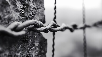 Aufkleber - Close up of an old rusty barbed wire twisting around a stone wall in black and white : Generative AI