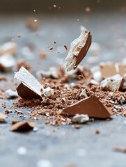 Aufkleber - Dynamic explosion of chocolate pieces breaking apart on a textured surface captured in midair : Generative AI