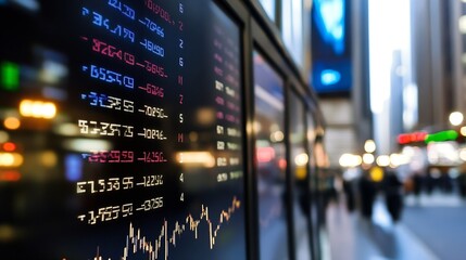 Leinwandbilder - Dynamic Stock Market Display Board Showcasing Real Time Trading Data and Price Movements in Urban Setting : Generative AI