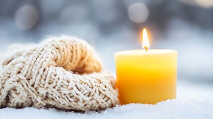 Poster - Cozy knitted scarf and a glowing candle resting on a snowy surface creating a serene winter ambiance : Generative AI