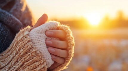 Poster - Warm Hands Holding a Cozy Knit Sweater in a Beautiful Sunset Glow : Generative AI