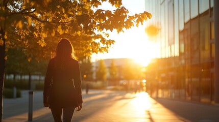 Aufkleber - Silhouette of a woman walking against the backdrop of a sunset in an urban environment : Generative AI