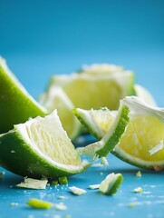 Aufkleber - Freshly Cut Lime Segments with Juicy Texture on Vibrant Blue Background for Culinary Inspiration : Generative AI