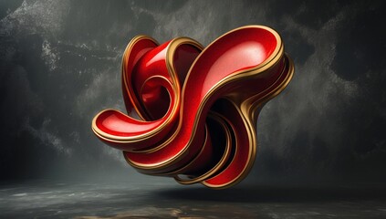 Wall Mural - Abstract Red and Gold 3D Sculpture Rendering: Modern Luxury Design