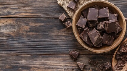 Poster - Delicious dark chocolate pieces on wooden surface ready for culinary creations : Generative AI