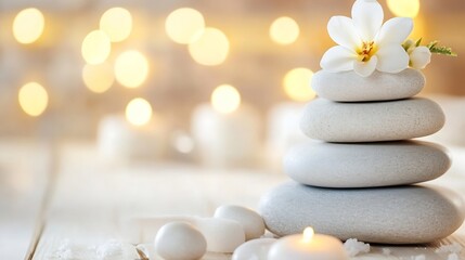 Aufkleber - Meditative arrangement of smooth stones with a flower and soft glow creating a tranquil atmosphere : Generative AI