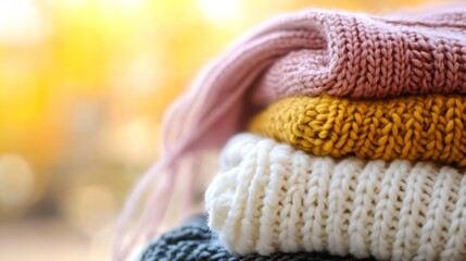 Poster - Warm cozy knitted sweaters stacked together in autumn light showing textures and colors of fall fashion : Generative AI