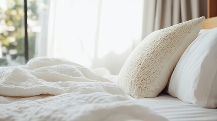 Leinwandbilder - Serene Bedroom With Soft Pillows and Cozy Bedding Bathed in Natural Light : Generative AI