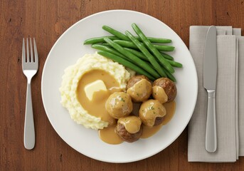 Wall Mural - delicious meatballs with mashed potatoes and green beans